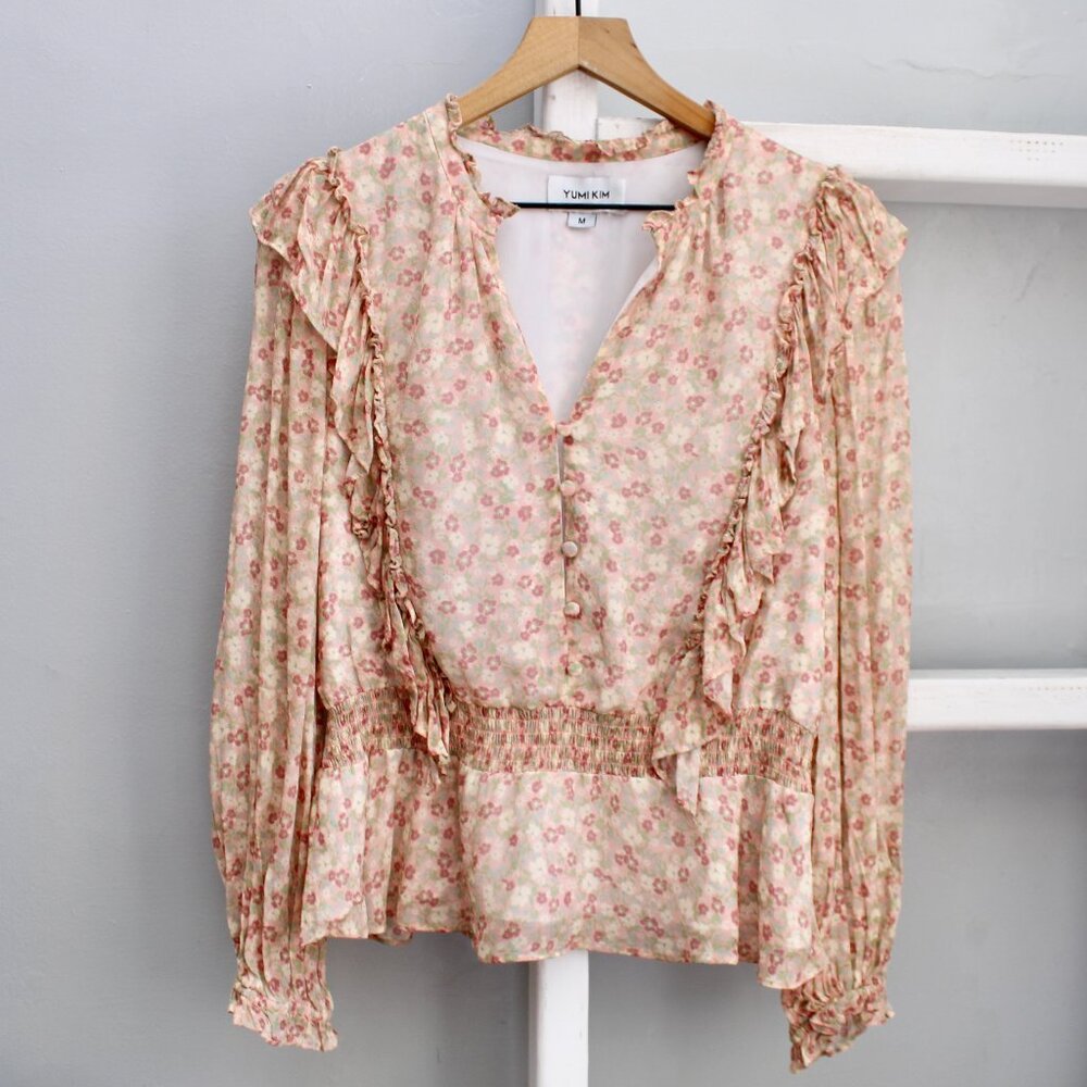 Yumi Kim Blush Pink Cream Floral Smocked Ruffle Long Sleeve Blouse Top Medium